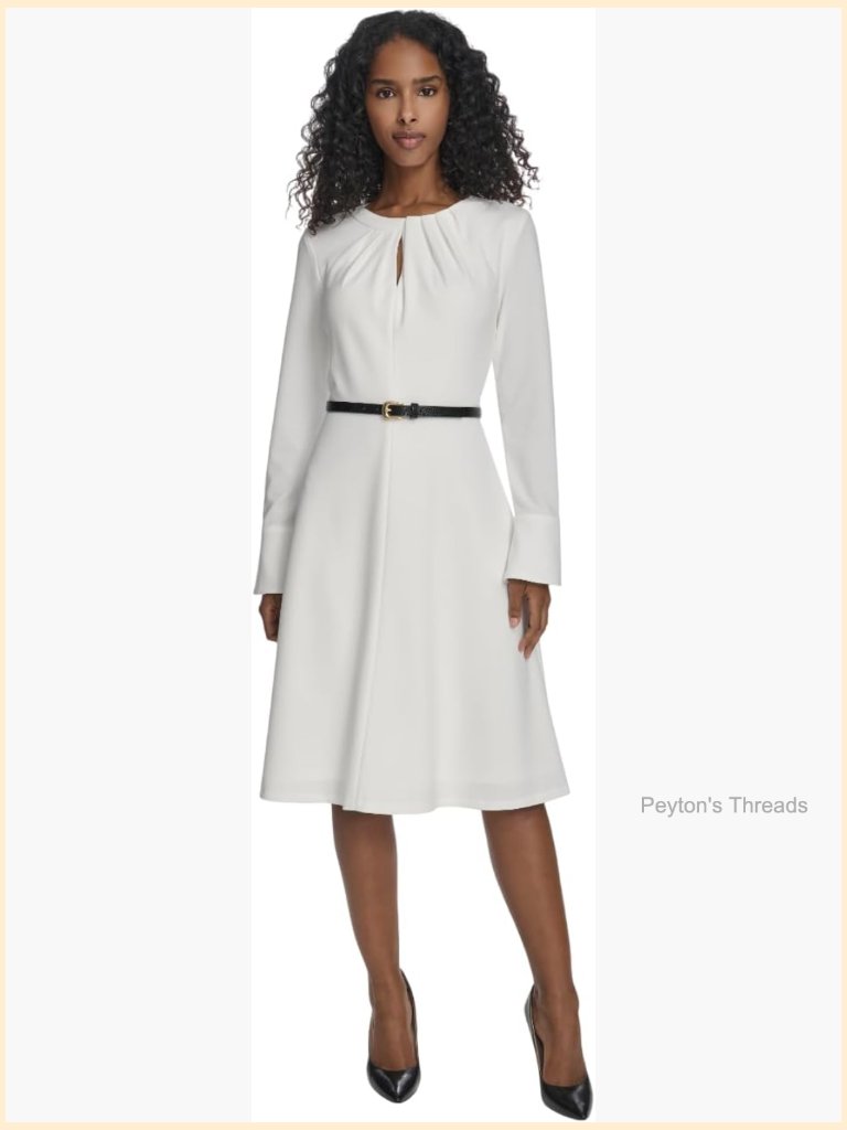 Women's Long Sleeve Keyhole Pleat Neck Belted Crepe A-Line Midi Dress
